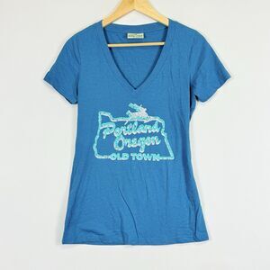 Little Bay Root Teal PNW Portland Old Town Deer Sign Tee Shirt Top Women's Large